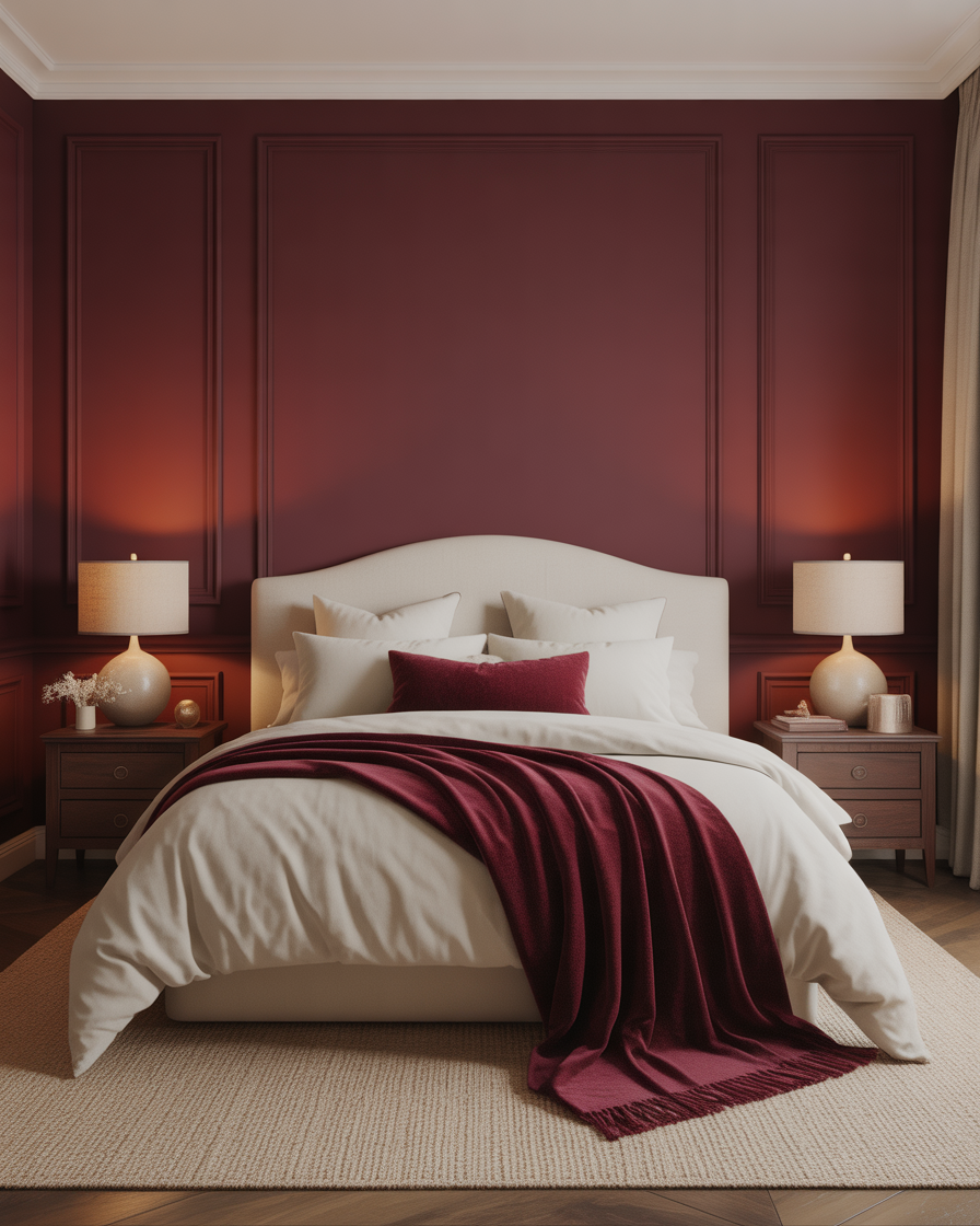 Dramatic burgundy and cream bedroom creating a luxurious and intimate feel.