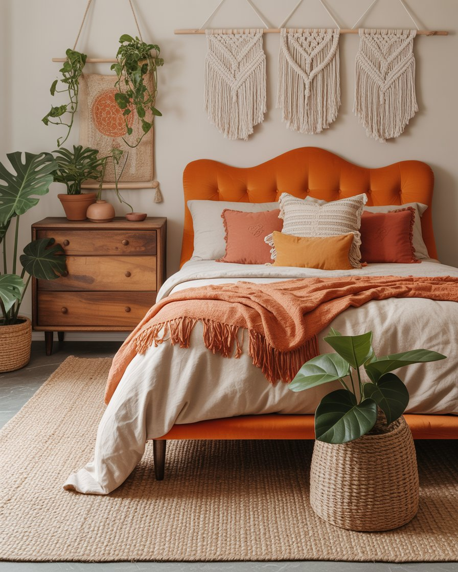 A boho bedroom with an orange accent chair adding personality to the space.