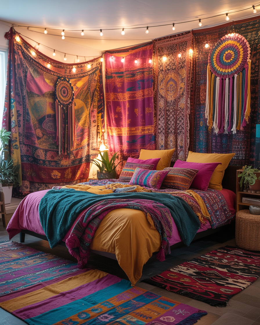 A lively boho bedroom with festival-inspired decor and bright textiles.