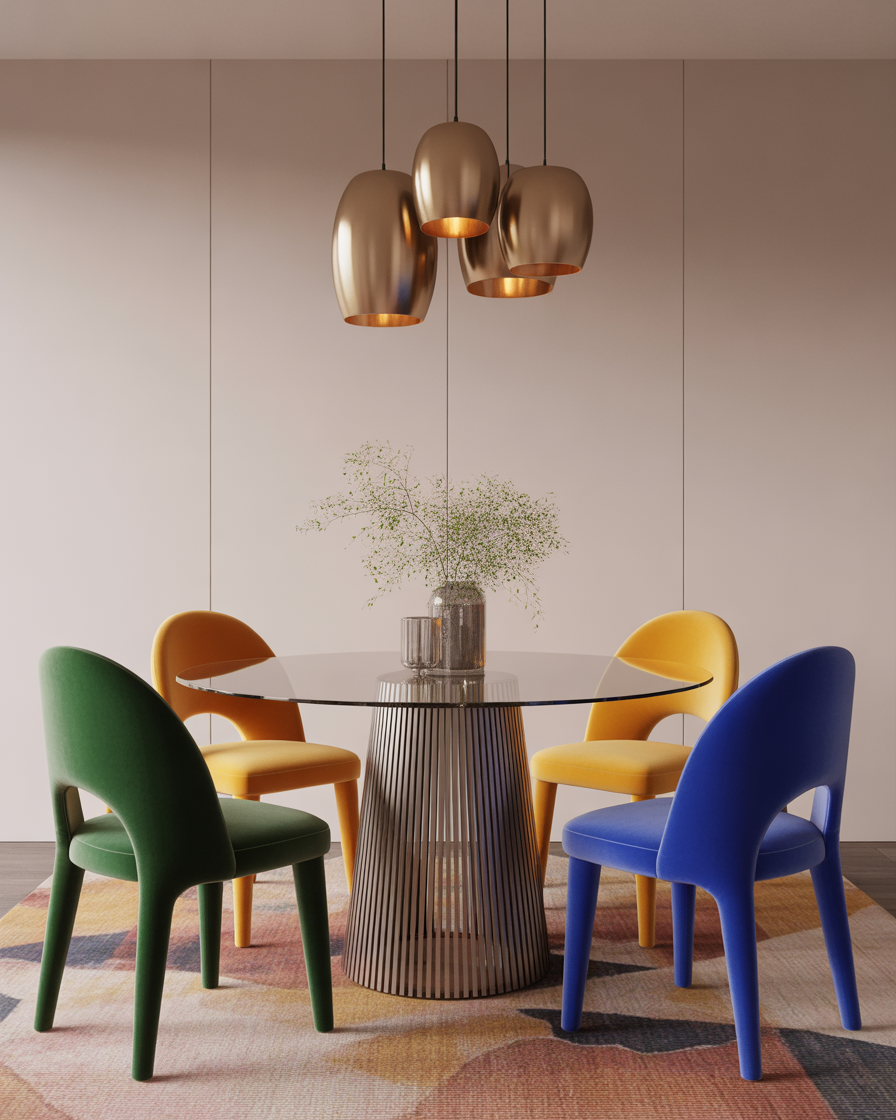 Teak dining table with hairpin legs in a modern, minimalist dining room.
