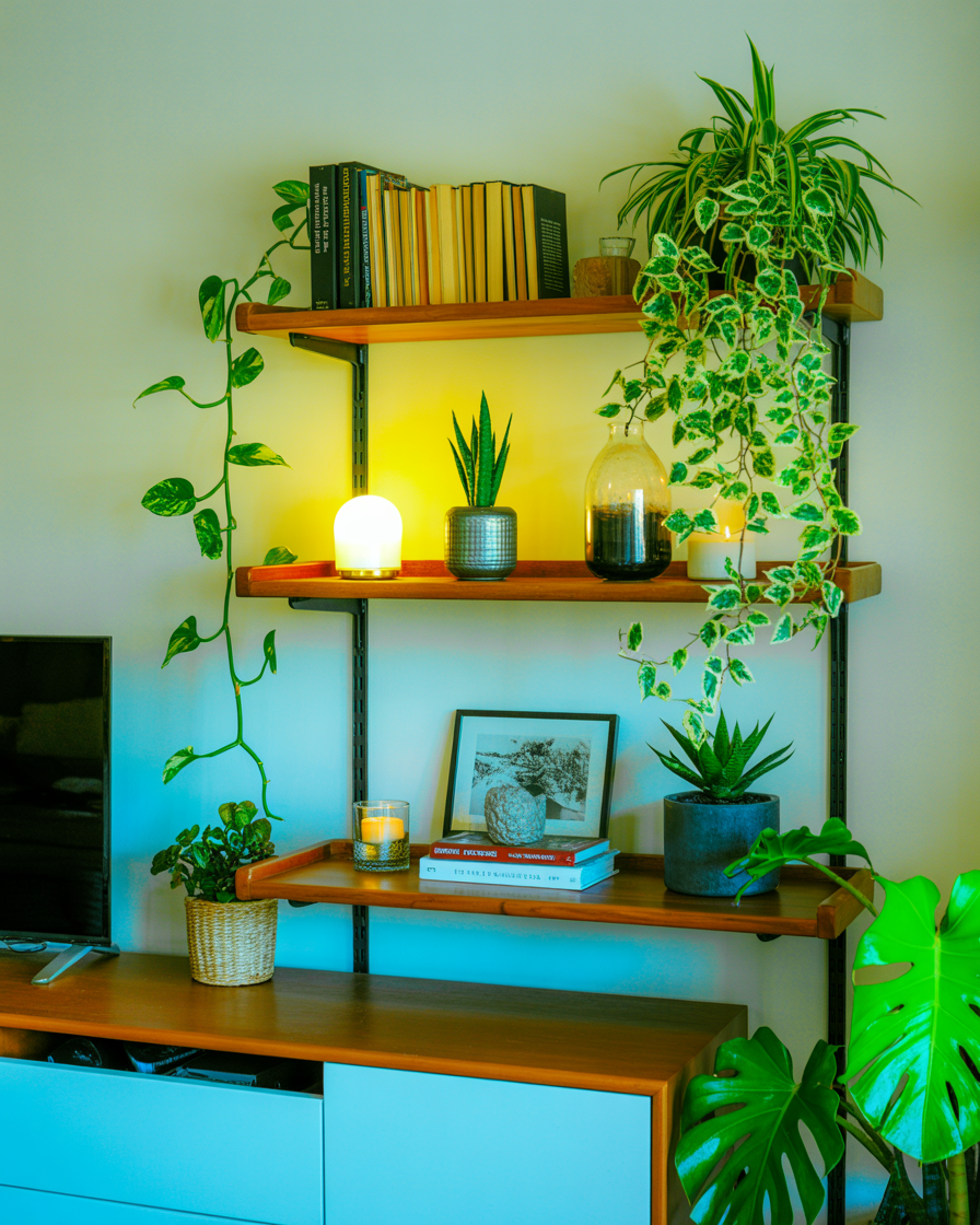 Plant shelf in a cozy boho-style living room