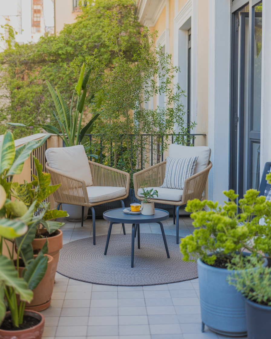 Cozy outdoor seating area on a balcony with potted plants for privacy.