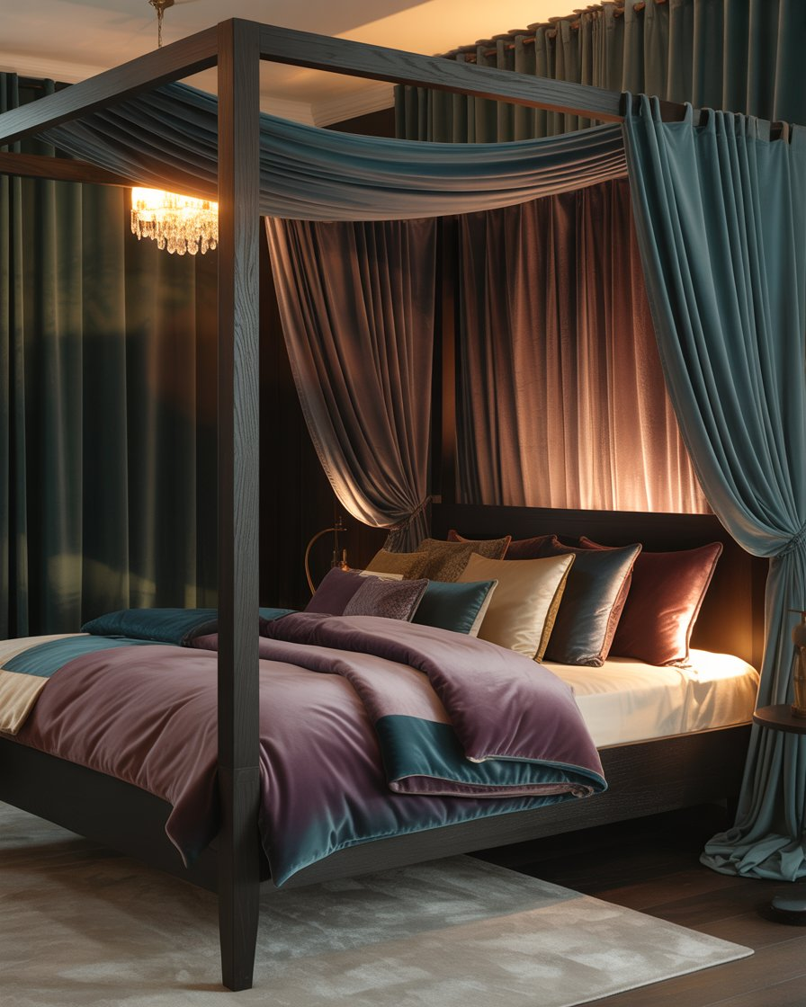 Velvet draped canopy bed with rich, luxurious colors and opulent decor.