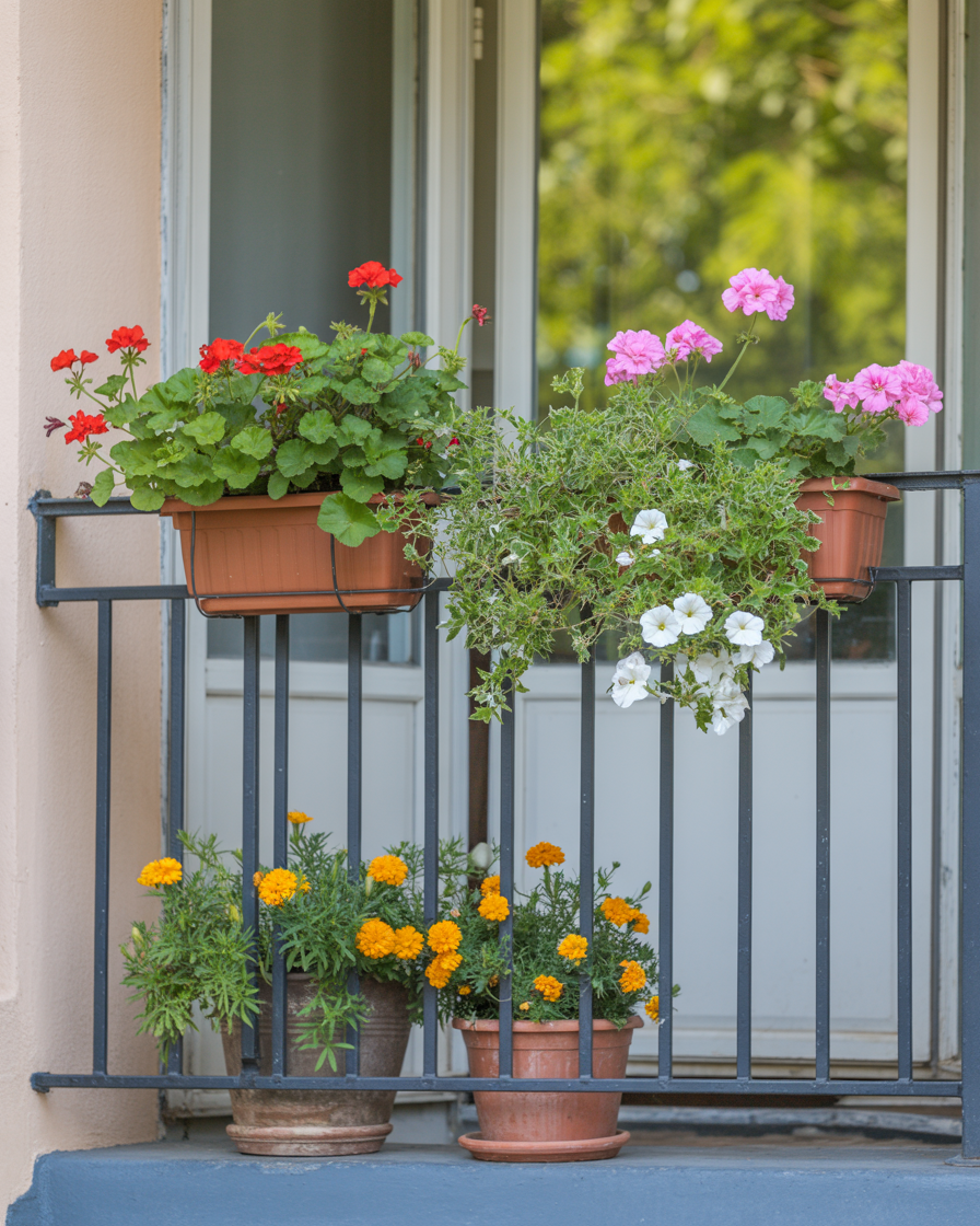 Bright flowering plants in hanging baskets and pots on a balcony.