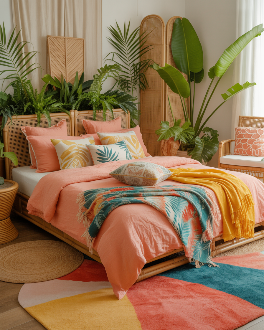 A vibrant tropical boho bedroom with colorful accents and tropical plants.