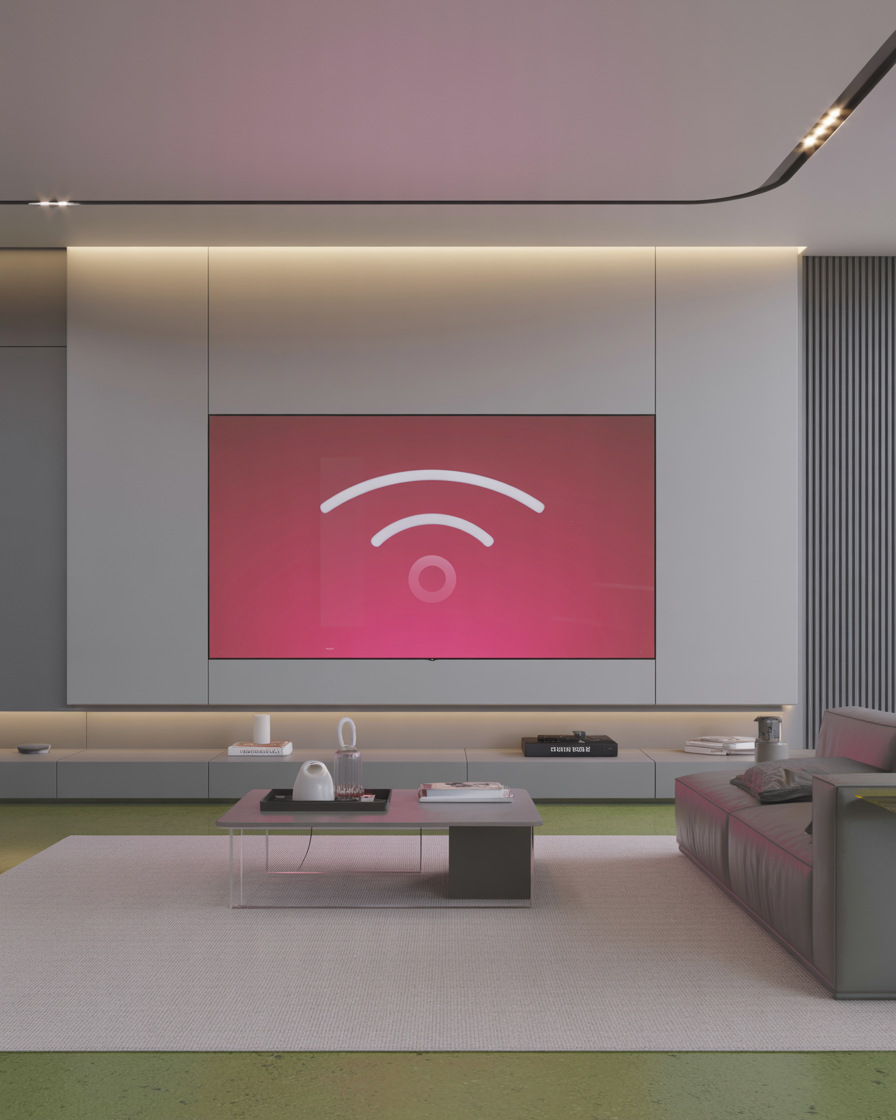 Smart living room with integrated technology like wall-mounted TV, automated lighting, and sleek furniture.