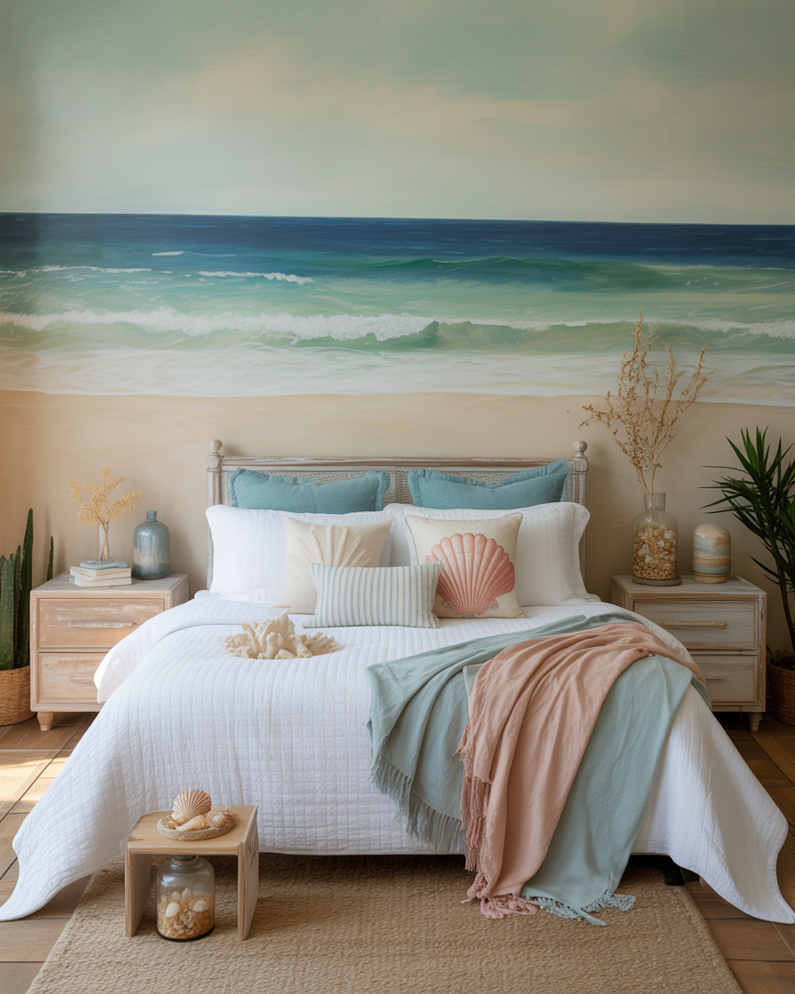 A tranquil boho bedroom with soft blue tones and ocean-inspired decor.