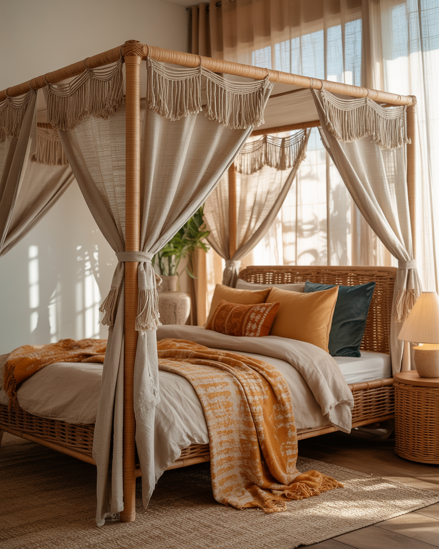 Natural boho canopy bed with rattan and macramé for a laid-back vibe.