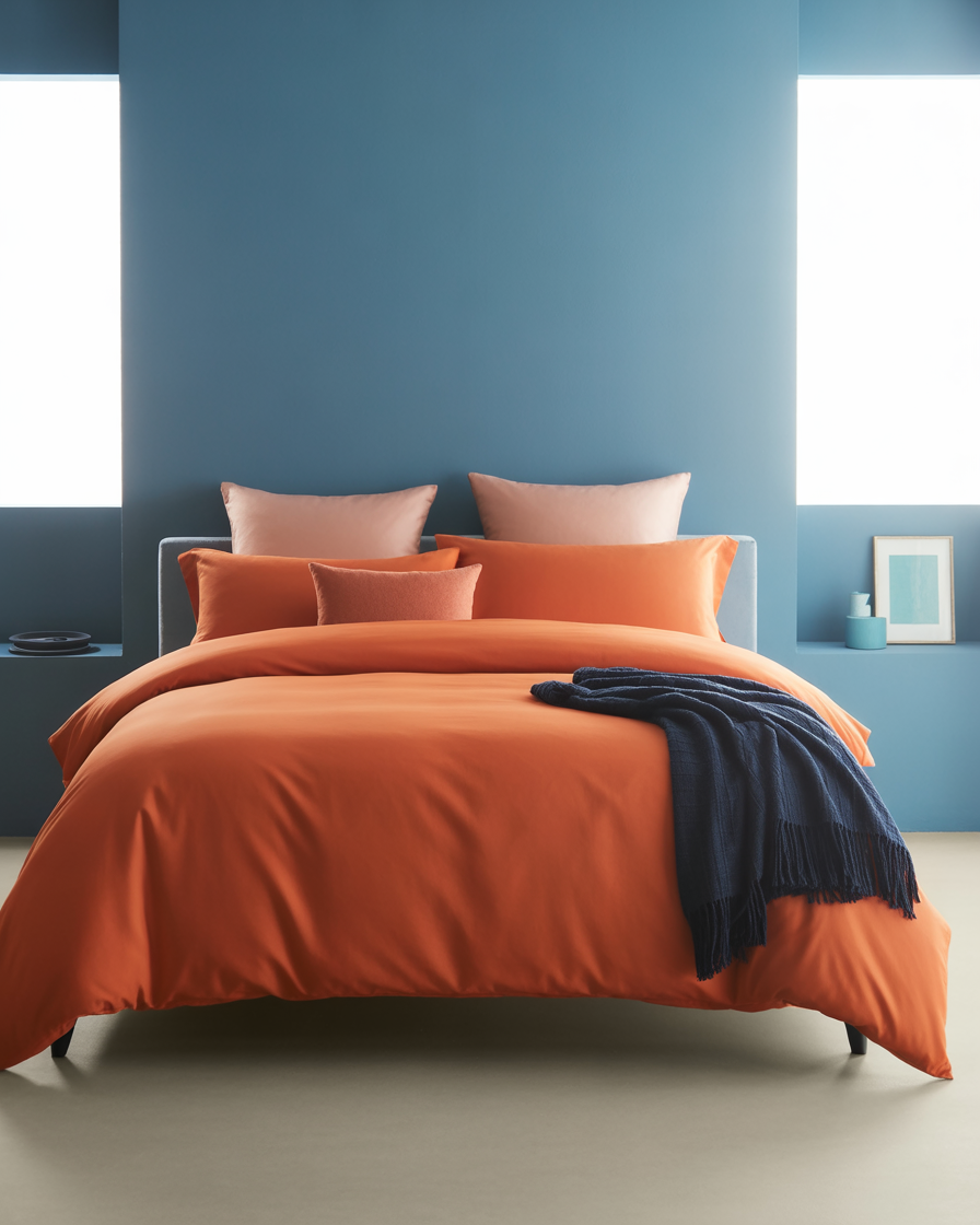 Vibrant tangerine bedding brightening up a contemporary bedroom