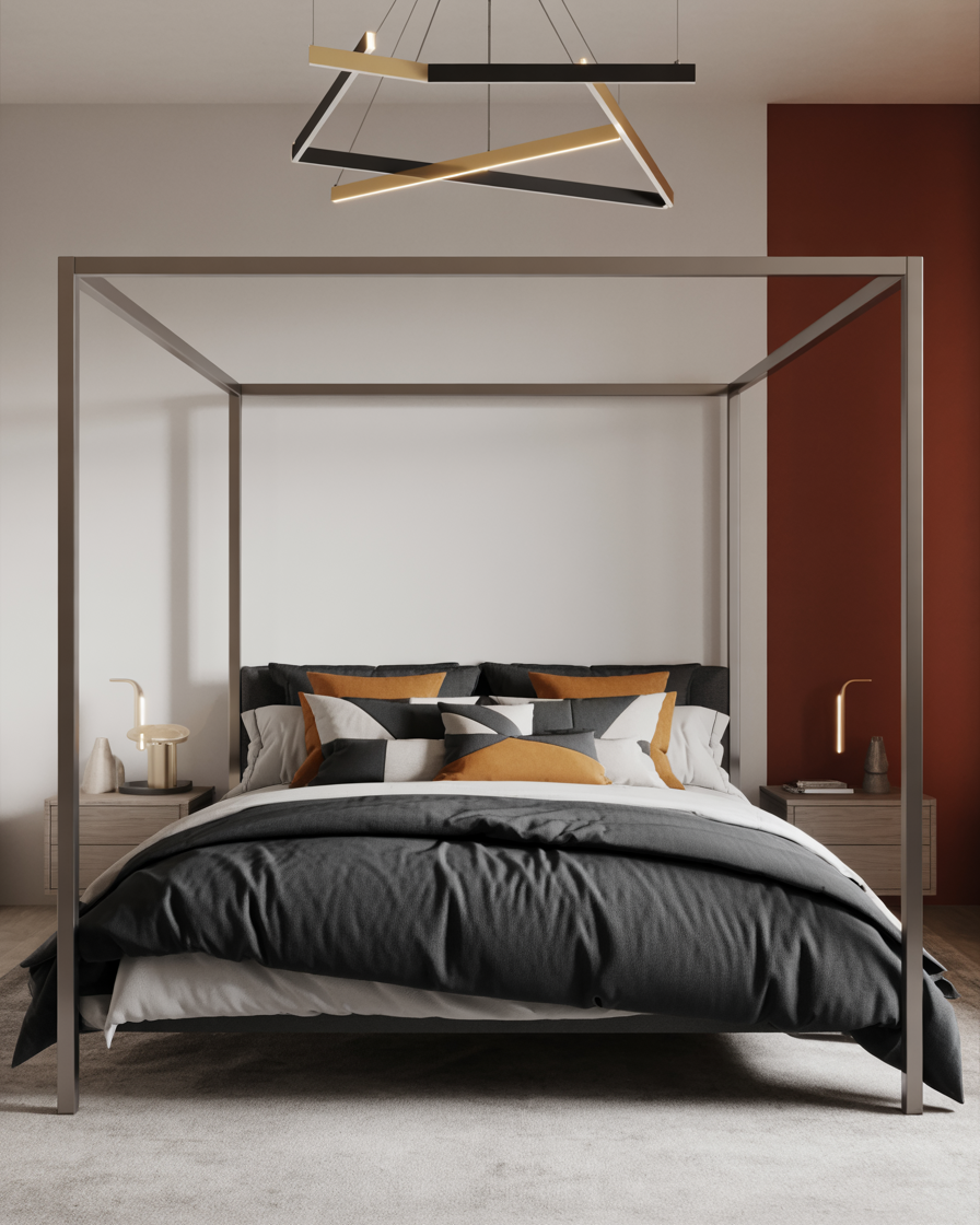 Sleek, modern canopy bed with geometric metal frame and contemporary decor.
