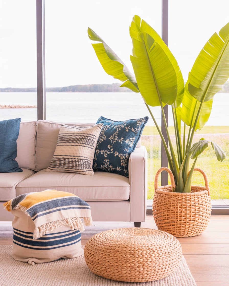 Cozy textures in a lake house living space