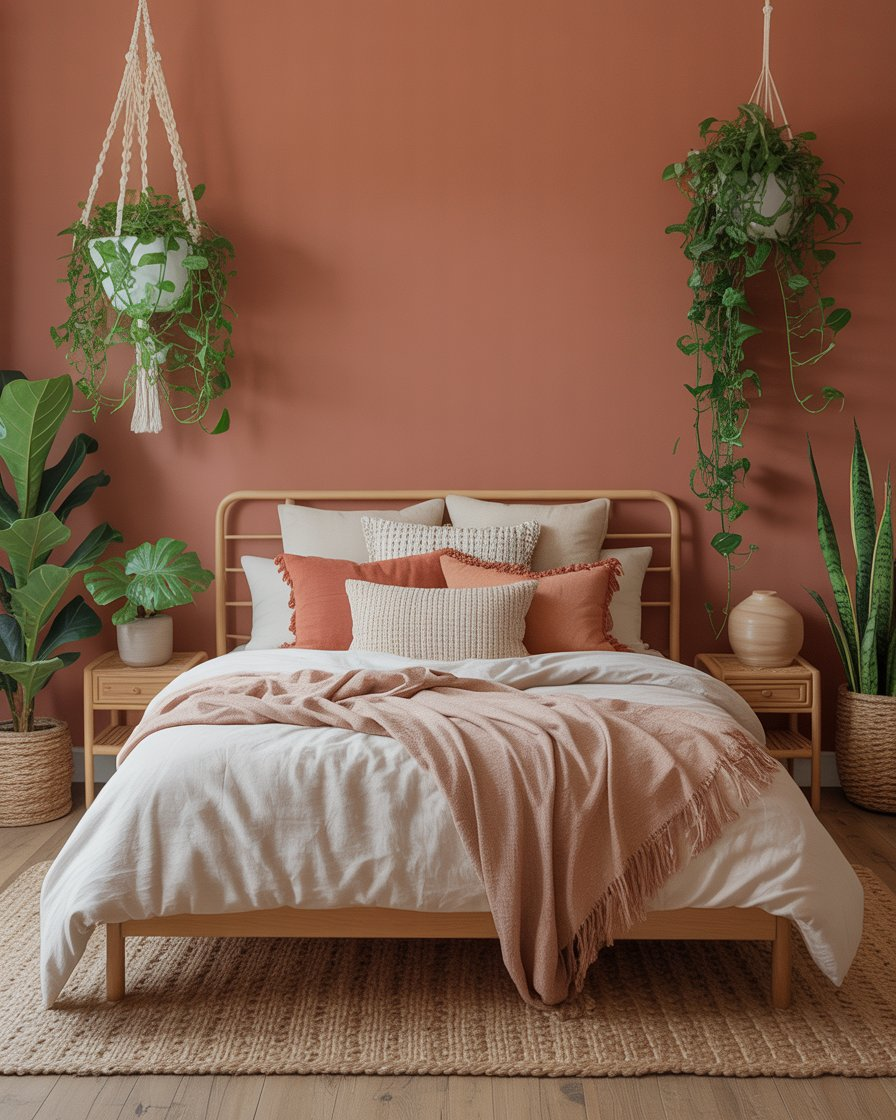 A boho bedroom with terracotta walls and natural decor for a cozy atmosphere.