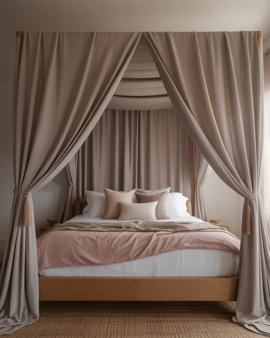 Cozy canopy bed with flowing drapes and a fabric topper for ultimate comfort.