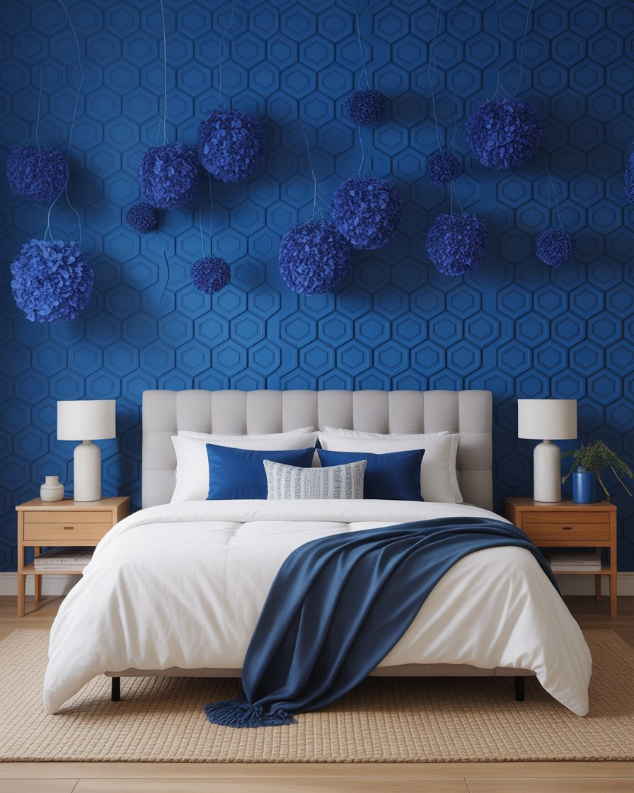 Textured electric blue wallpaper adding depth to the bedroom walls.
