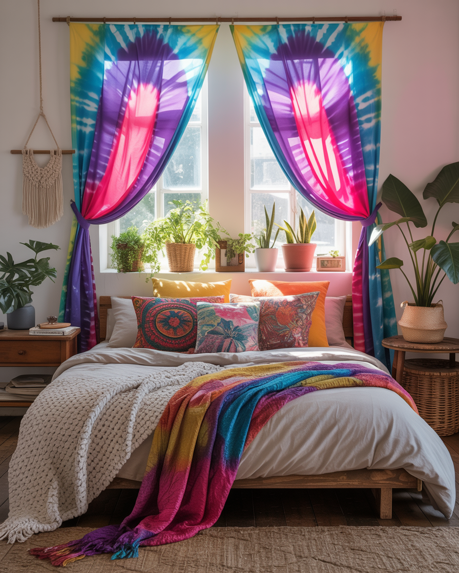 Vibrant tie-dye curtains adding a free-spirited vibe to a boho bedroom.