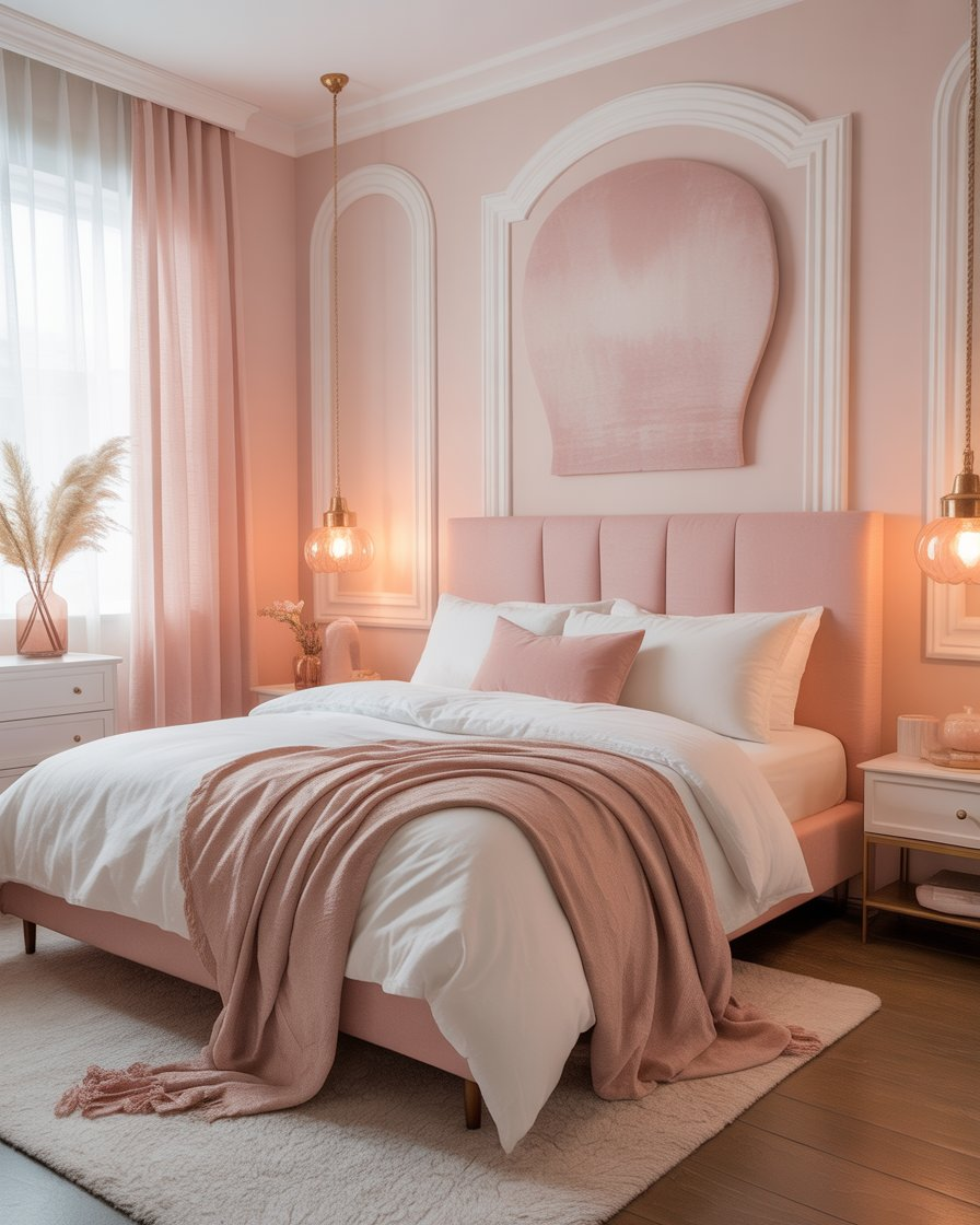 Soft blush pink bedroom with white accents, creating a romantic and serene atmosphere.