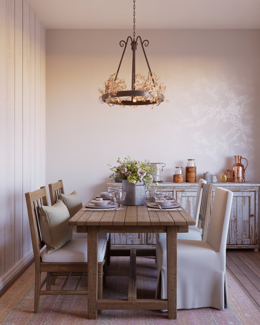 Cozy farmhouse dining area with a rustic wooden table and vintage lighting