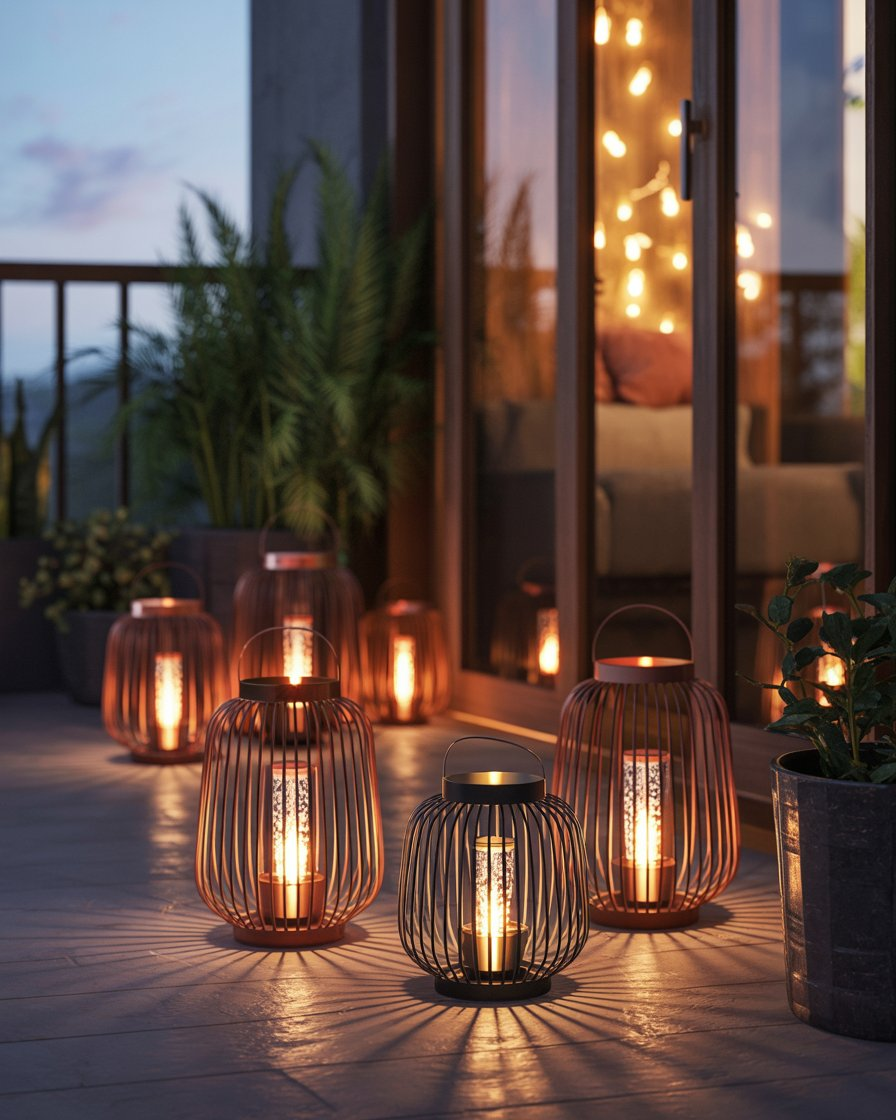 Cozy balcony corner illuminated with lanterns, perfect for romantic relaxation."