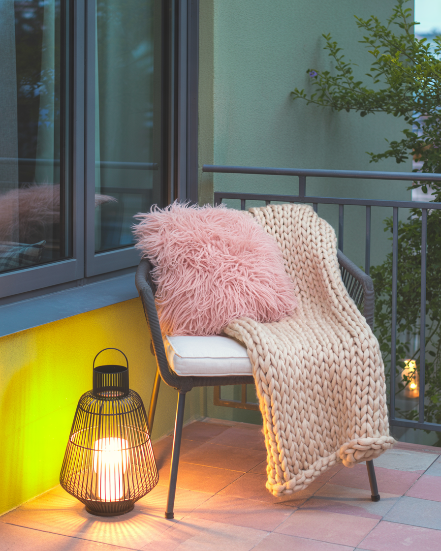 Cozy balcony chair with knit throw and candlelight