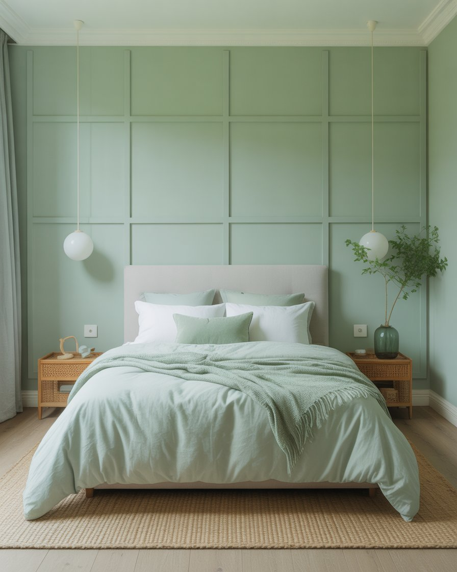 Refreshing mint green bedroom with white furniture and gold accents for a serene look.