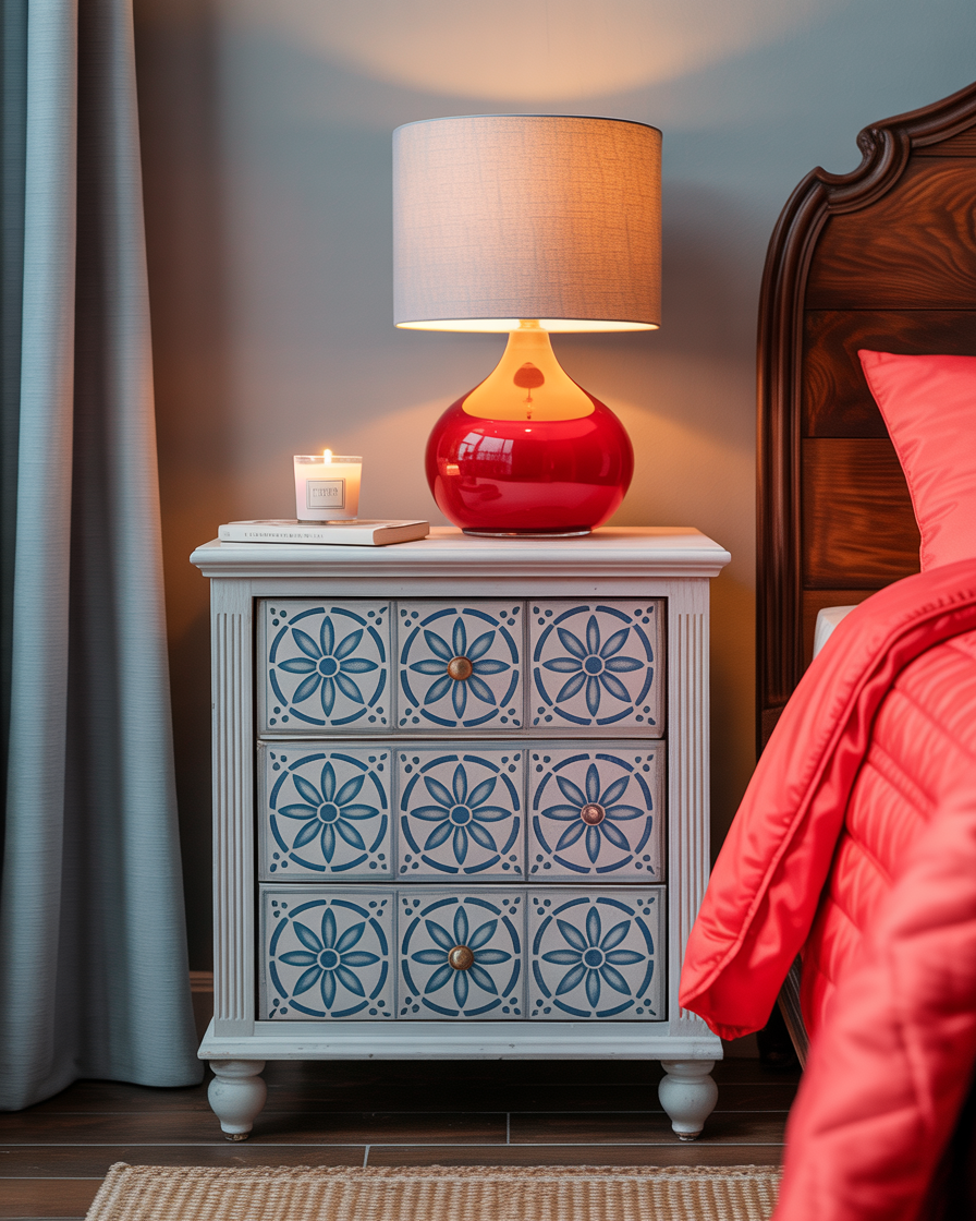 Pattern-painted nightstand with hand-drawn Moroccan design