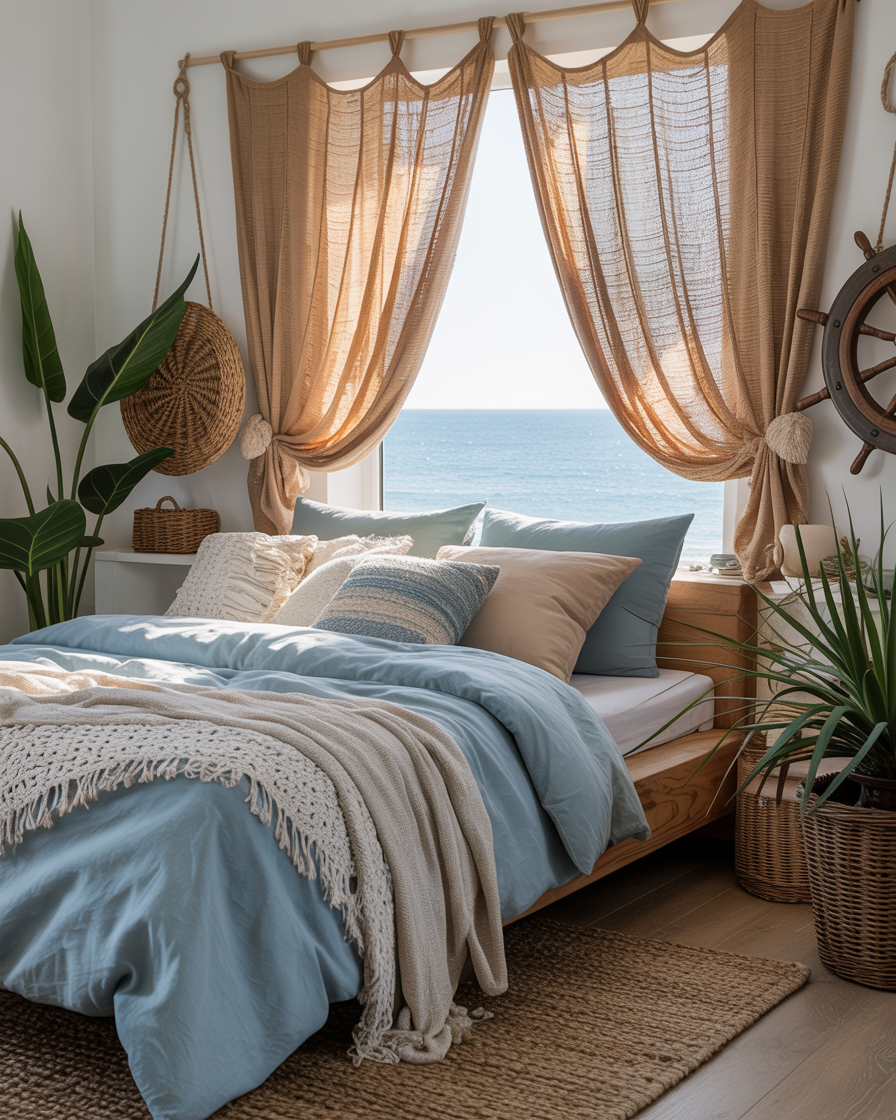 Coastal boho bedroom with jute curtains and beachy accents, evoking a laid-back, natural feel.