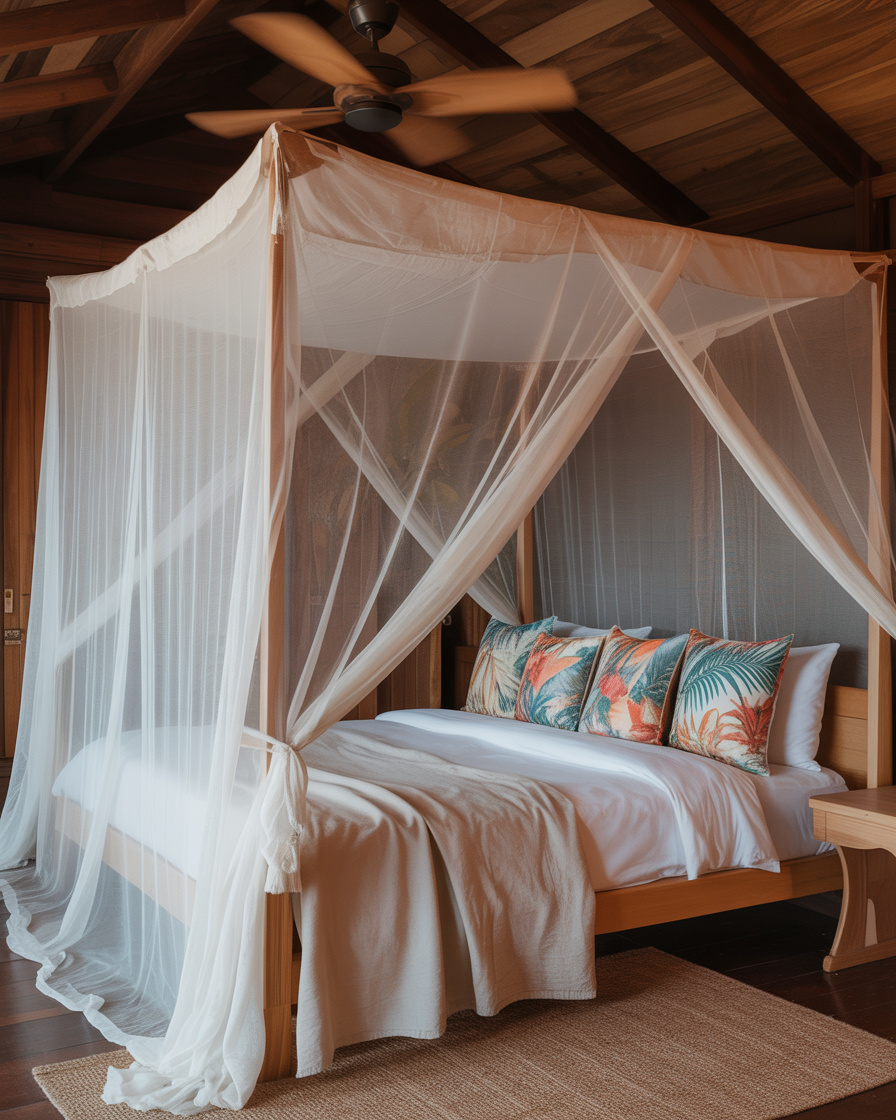Tropical-inspired canopy bed with airy mosquito netting for a serene atmosphere.