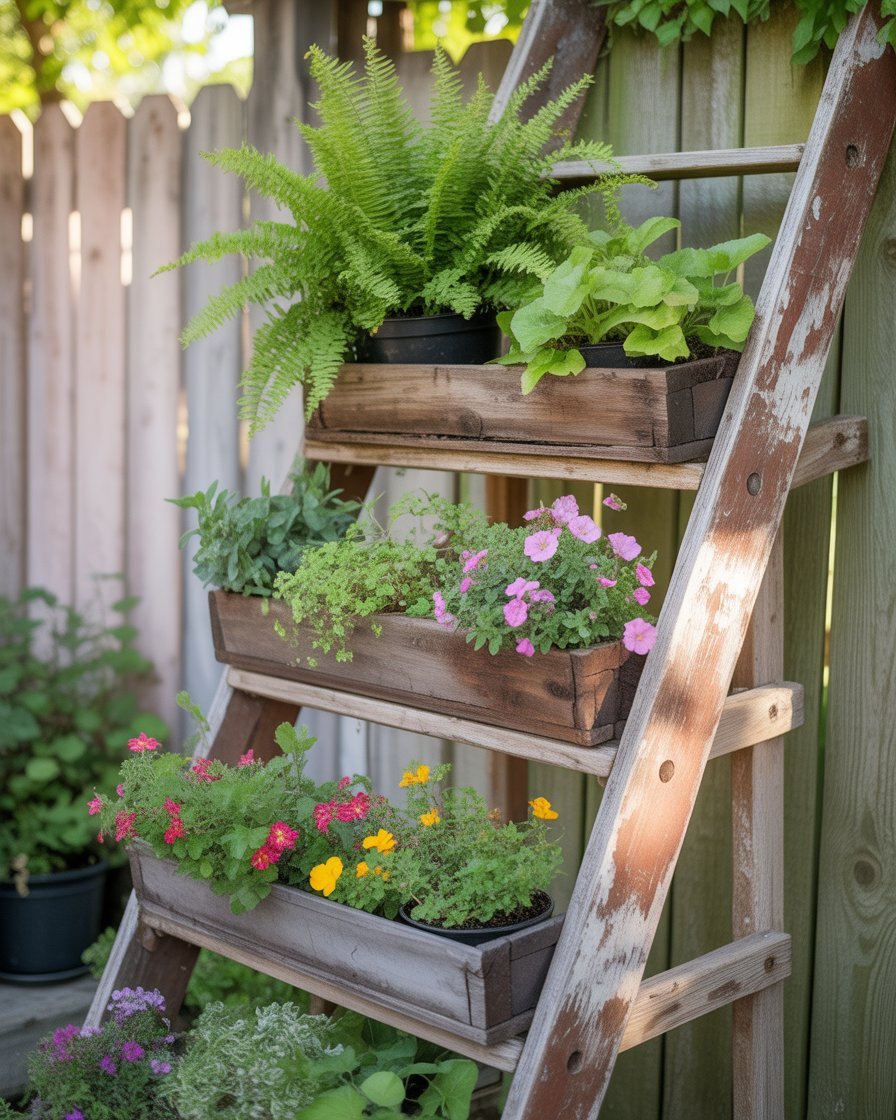 Upcycled wooden ladder with hanging plants in a boho garden.