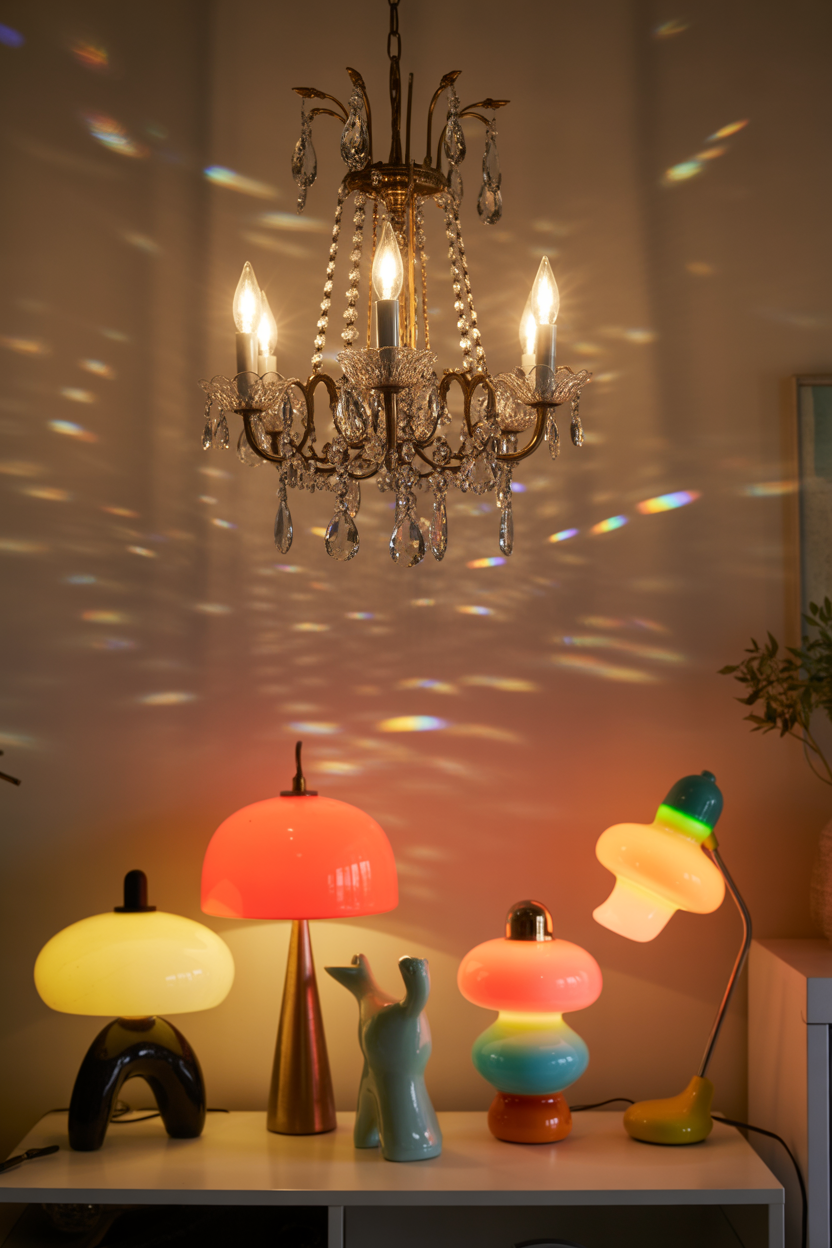 Unique lighting fixtures, including chandeliers and table lamps, bring an eclectic, warm ambiance to the space.