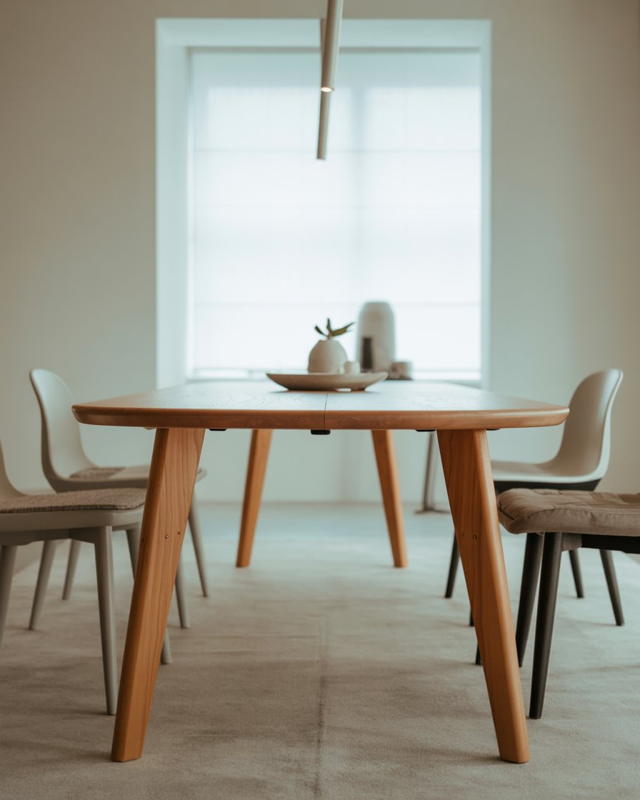 Eames-inspired dining table with metal legs and wooden surface, surrounded by minimalist décor.