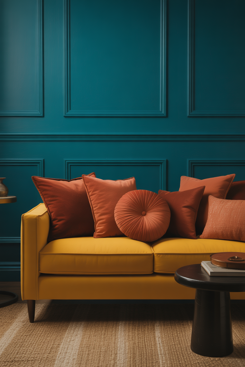 Layered bold colors like mustard yellow and teal create a vibrant and lively eclectic living room.
