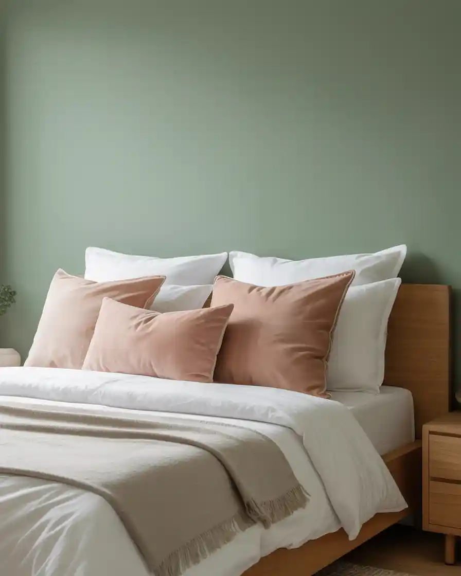 Bedroom with a bold sage green accent wall and blush pink accents.
