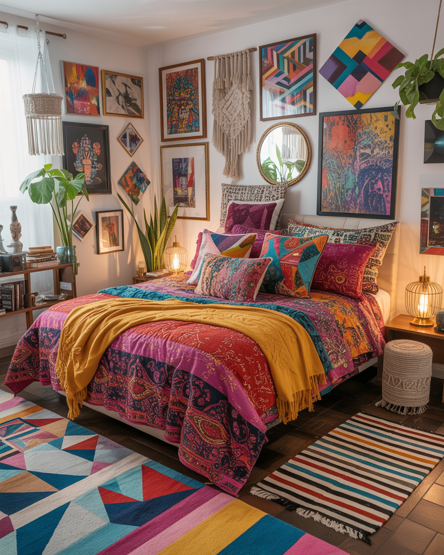 Boho bedroom with layered patterns and bold colors.