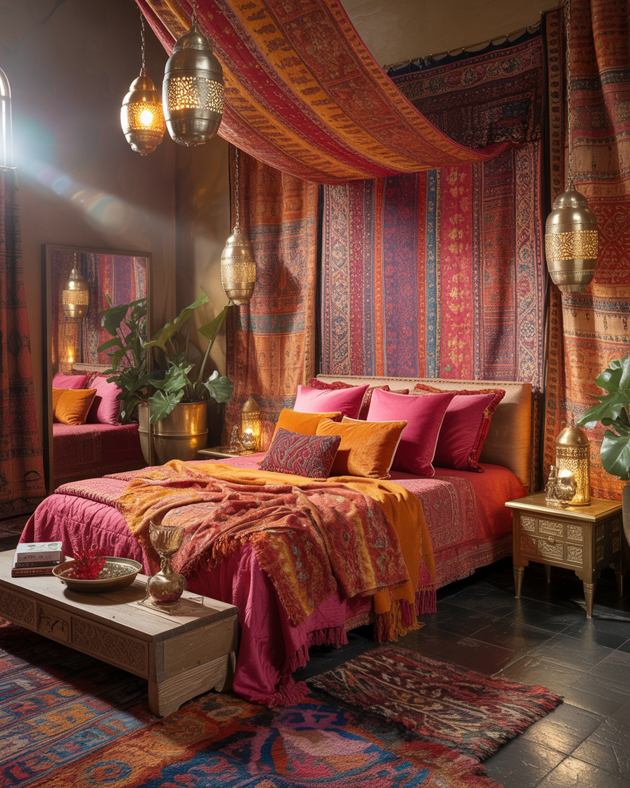 A cozy Moroccan-inspired bedroom with rich colors and intricate lanterns.