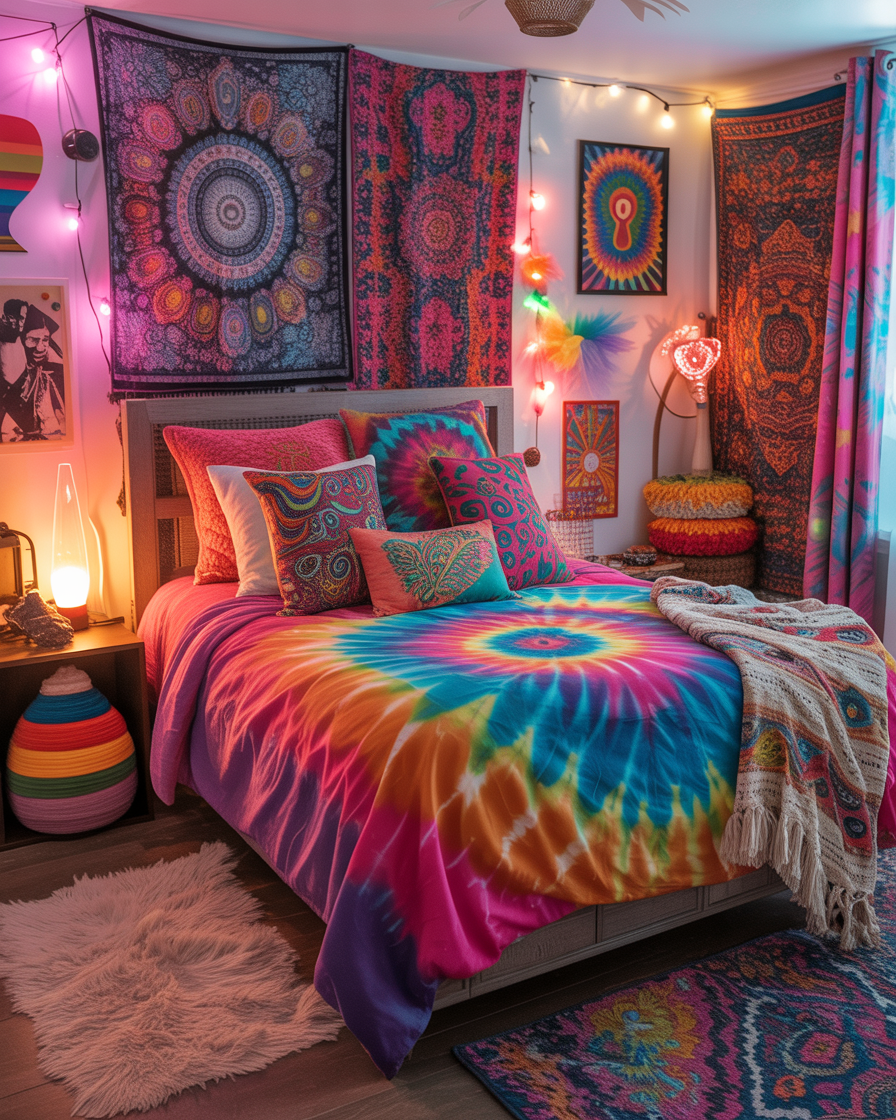 Playful psychedelic boho bedroom with bold patterns and vibrant colors.