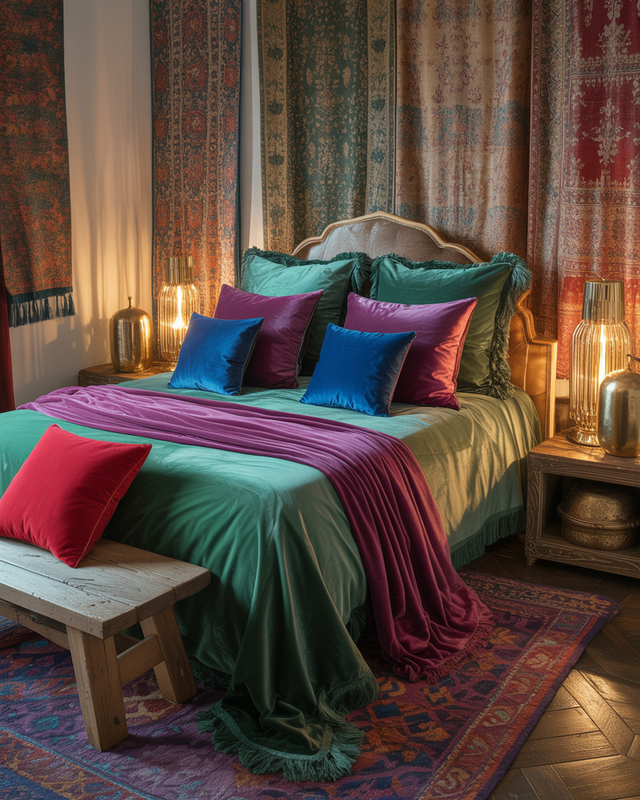 Jewel-toned boho bedroom with velvet and metallic décor.