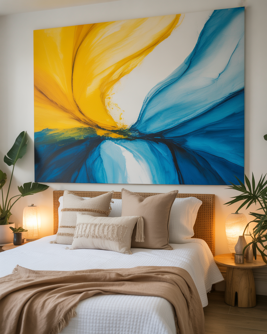 Artistic blue and yellow boho wall art enhancing a cozy bedroom