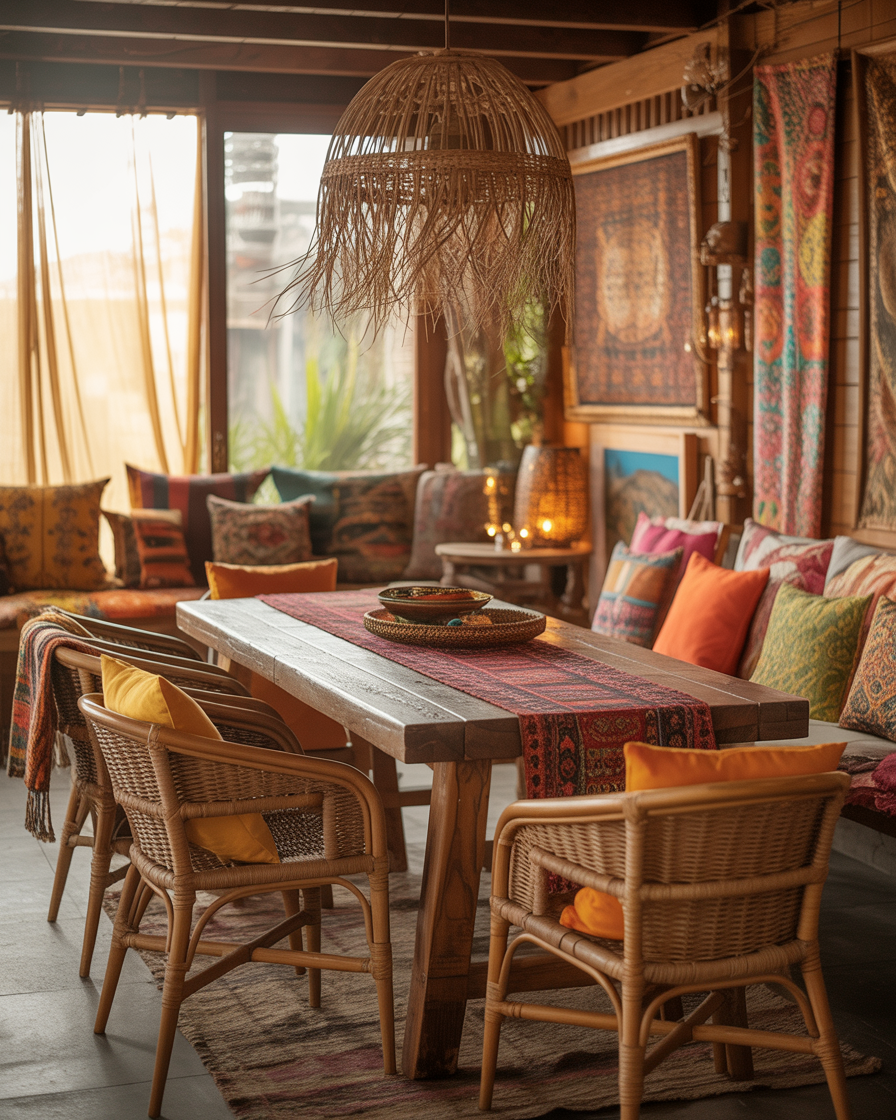 Boho chic apartment dining area with mismatched chairs, natural wood, and vibrant textiles.