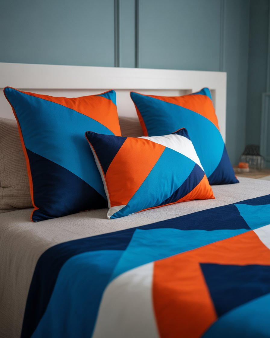 Patterned pillows in electric blue and tangerine adding texture to the bed.
