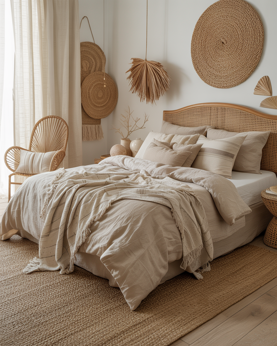 A boho coastal bedroom with layered bedding, a jute rug, and wicker furniture.
