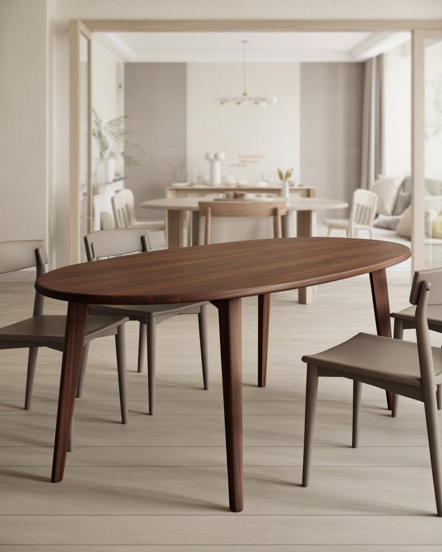 Elegant walnut oval dining table with minimalist, tapered legs in a modern dining space.