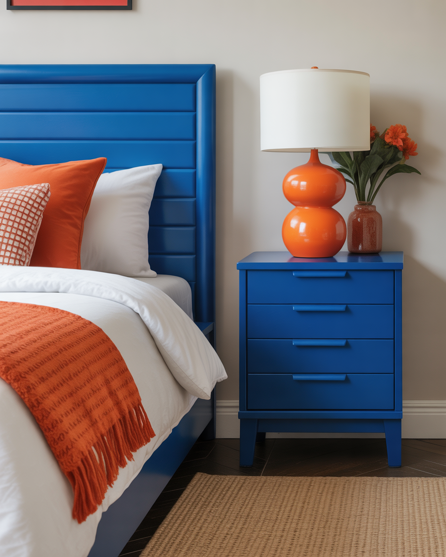 Bold electric blue nightstands bringing color to the room