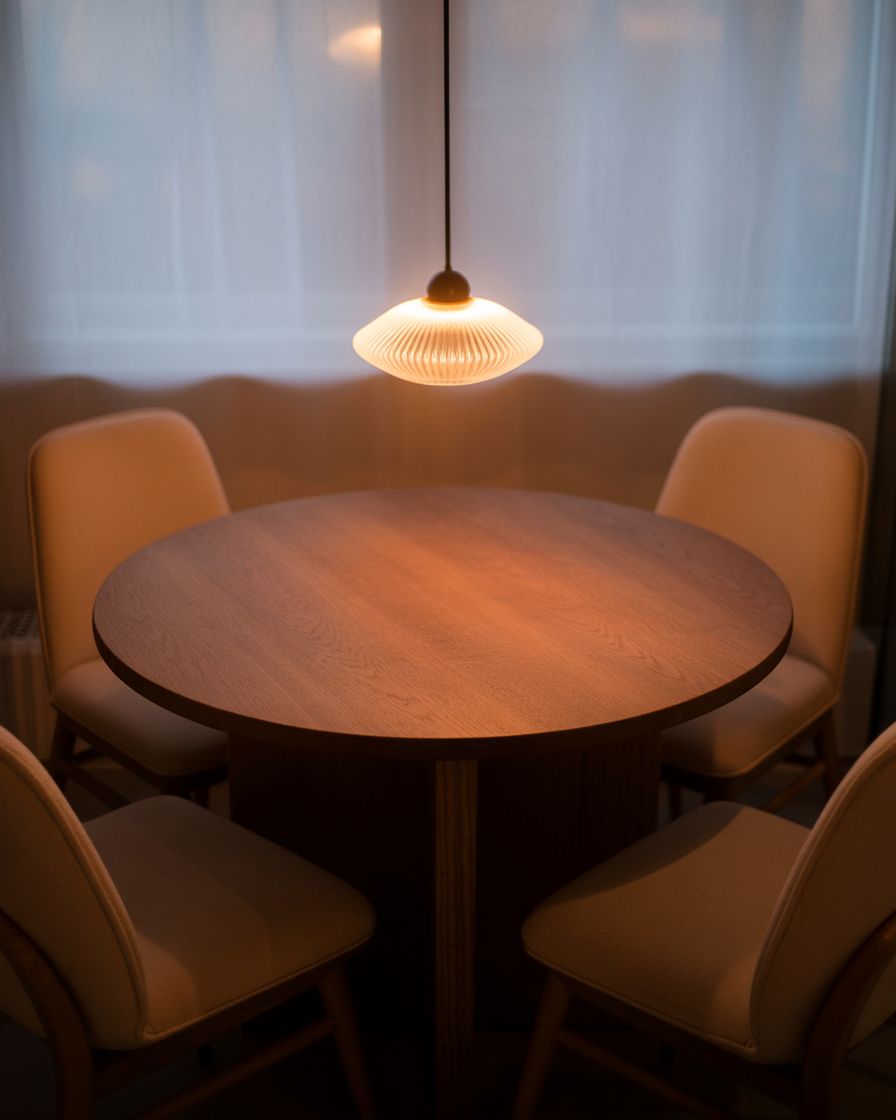 Small cozy apartment dining area with a round table, plush chairs, and warm lighting."