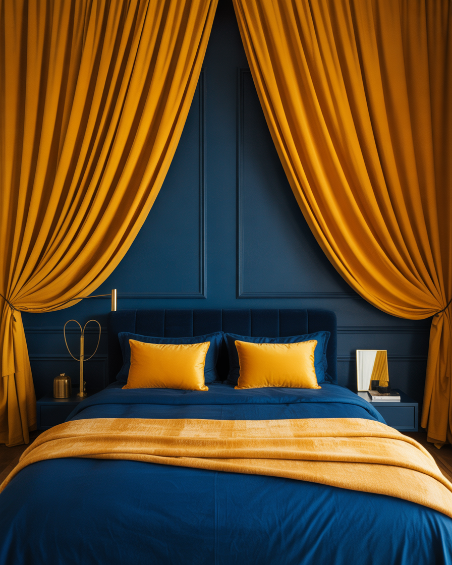 Vibrant mustard yellow curtains adding warmth to navy blue walls for a balanced bedroom look.