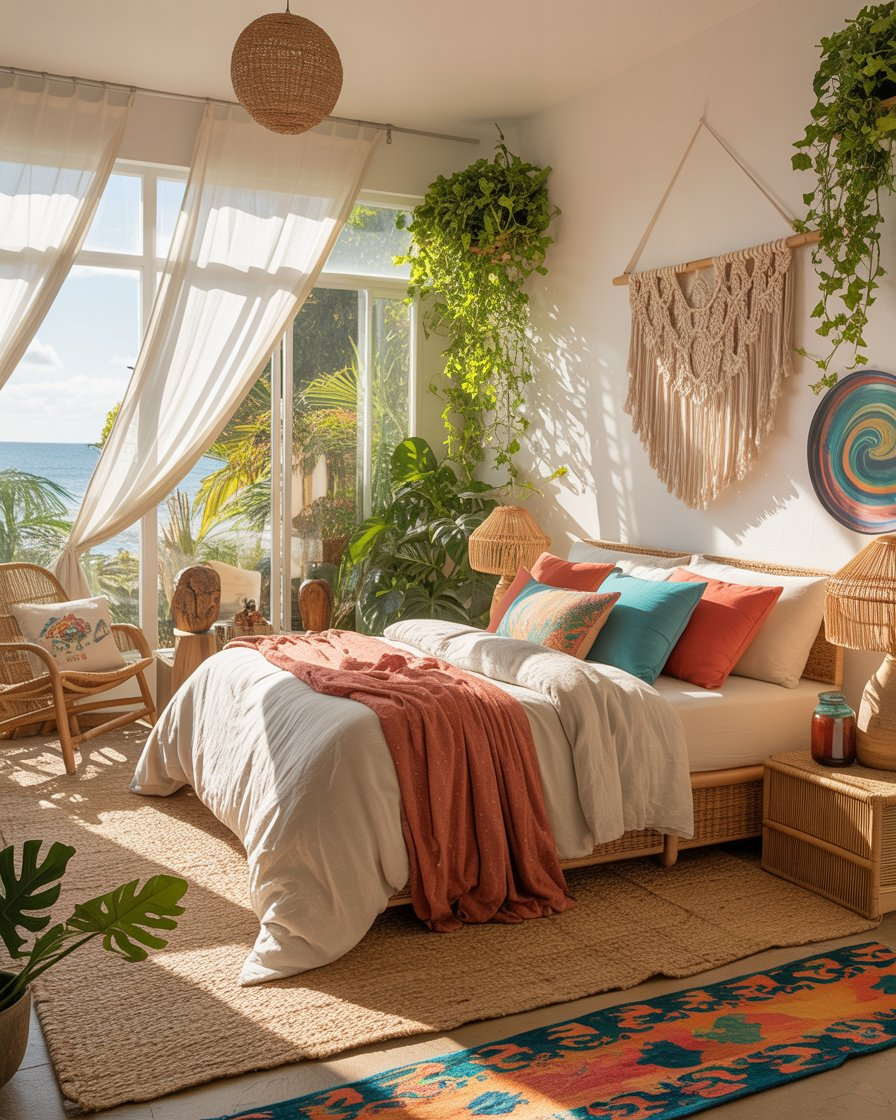 A bright boho coastal bedroom with ample natural light and sheer curtains.