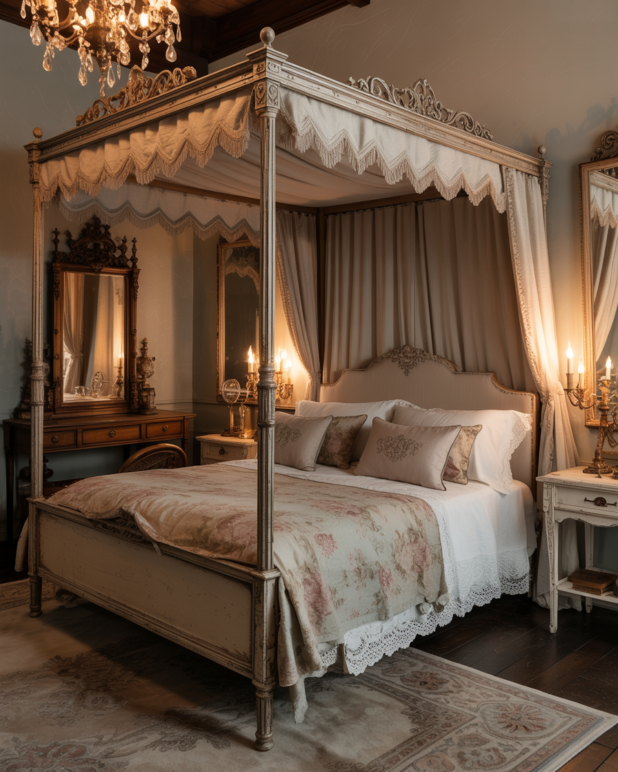 Antique-style canopy bed with elegant carvings and vintage touches.