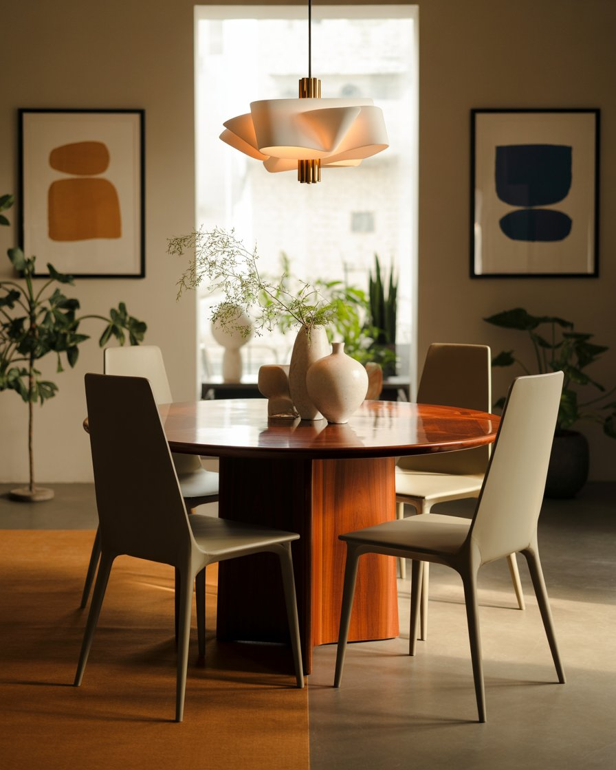 Mid-century modern dining room with a sleek wooden dining table and minimalist design elements.