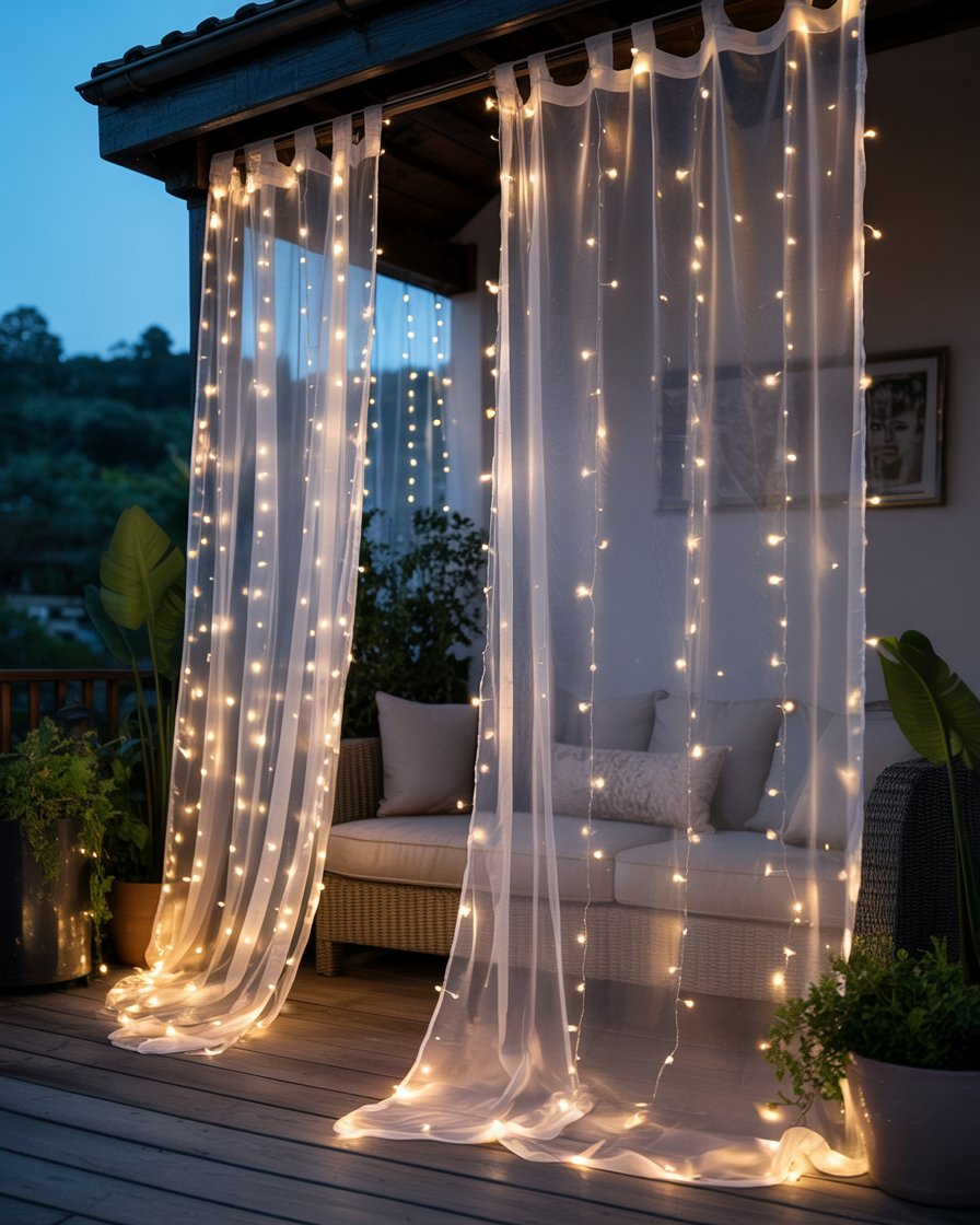 Romantic balcony with fairy light curtains, adding a dreamy and magical ambiance."