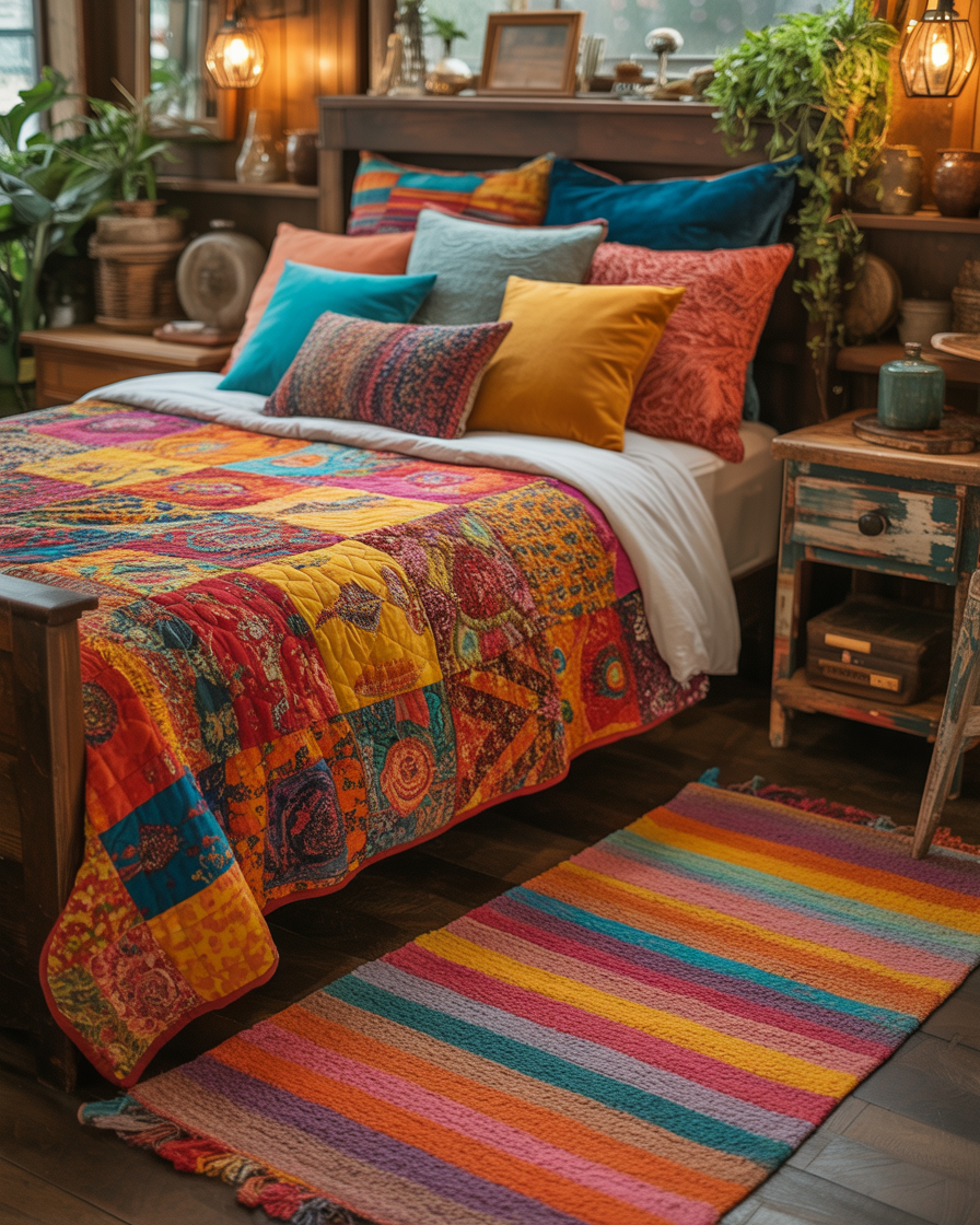  A cozy boho bedroom with a patchwork quilt and rustic furniture.