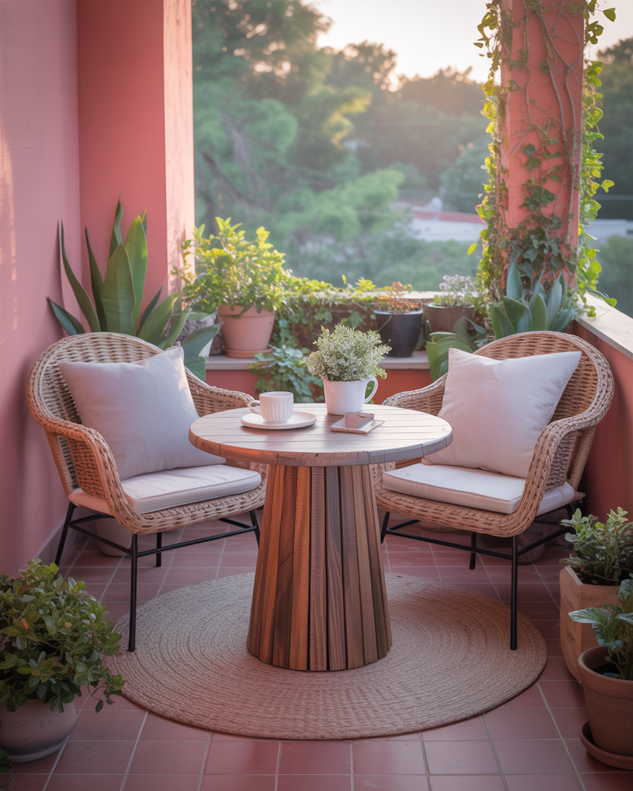 Cozy bistro set for two on a small balcony, ideal for enjoying coffee or relaxing.
